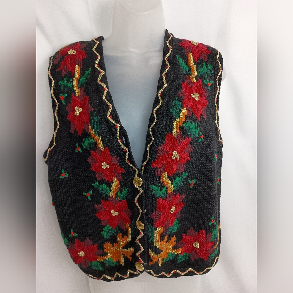 Embroidery Vintage Floral Hand Knit Black Red Floral Christmas Sweater Vest(#29)